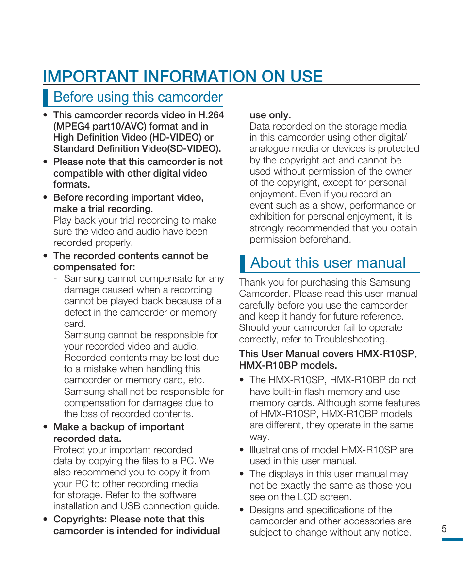 Important information on use, Before using this camcorder about this user manual | Samsung HMX-R10SP User Manual | Page 5 / 154