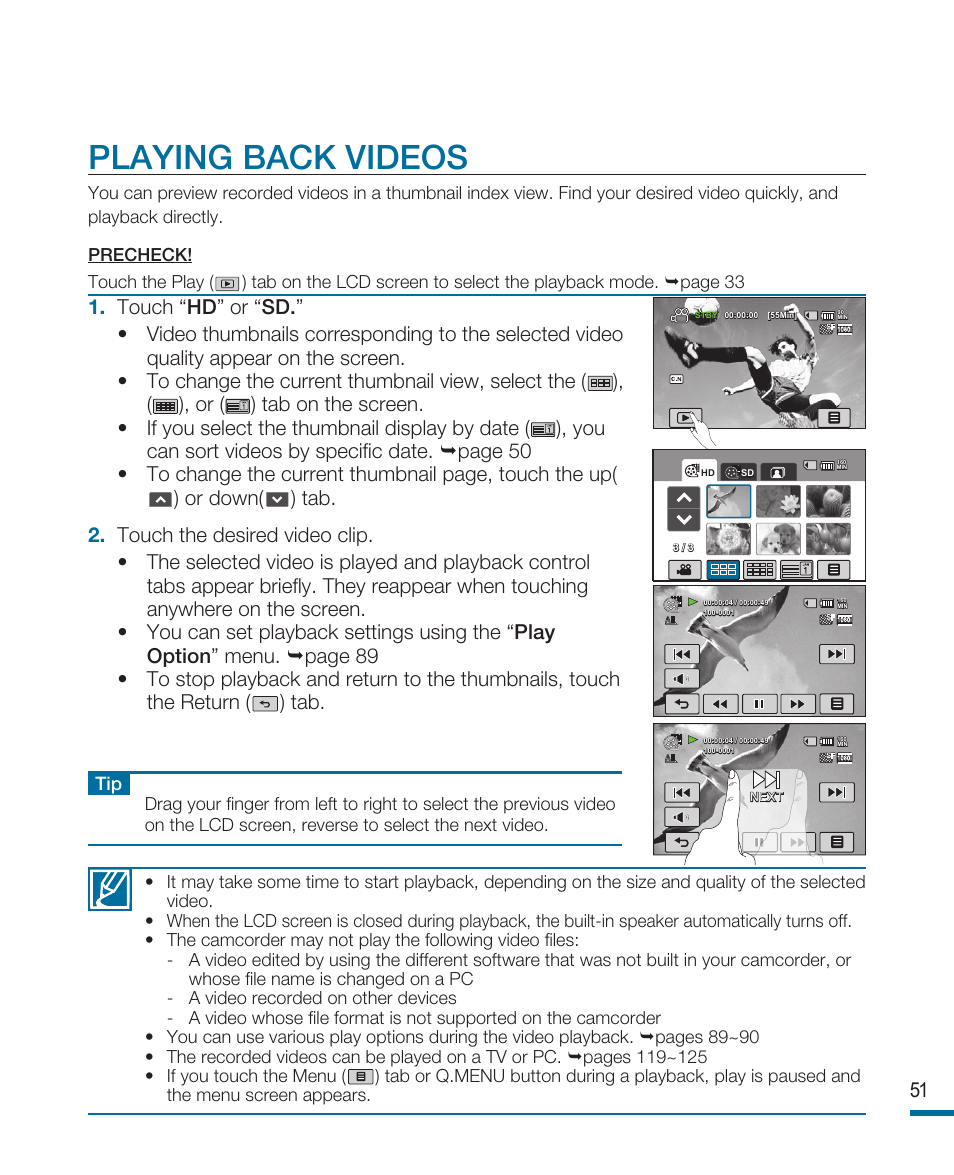 Playing back videos | Samsung HMX-R10SP User Manual | Page 51 / 154