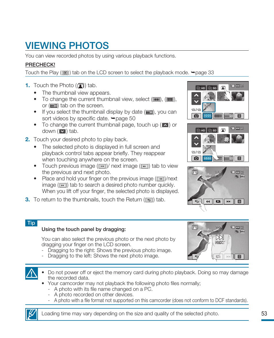Viewing photos | Samsung HMX-R10SP User Manual | Page 53 / 154