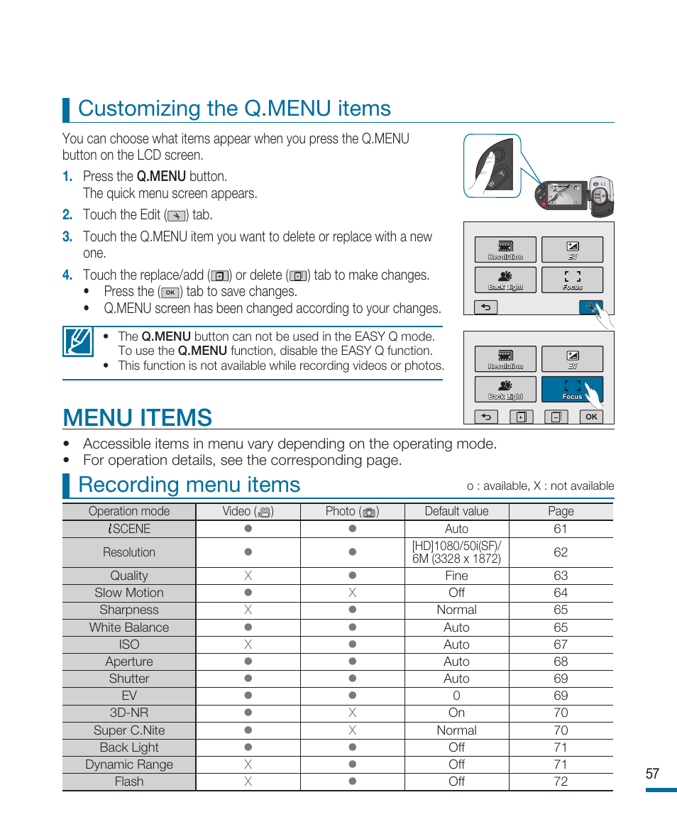 Menu items, Recording menu items, Customizing the q.menu items | Samsung HMX-R10SP User Manual | Page 57 / 154