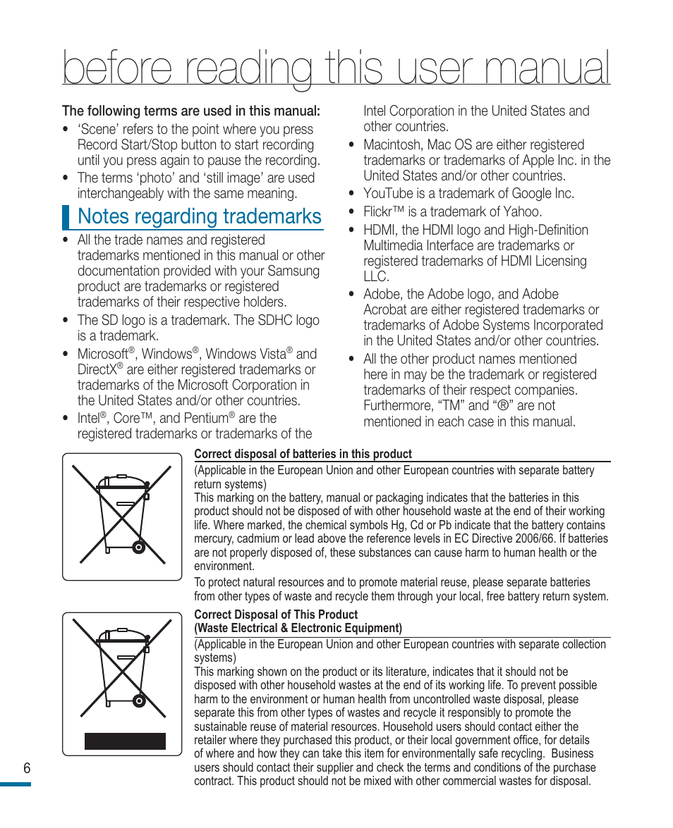 Before reading this user manual | Samsung HMX-R10SP User Manual | Page 6 / 154
