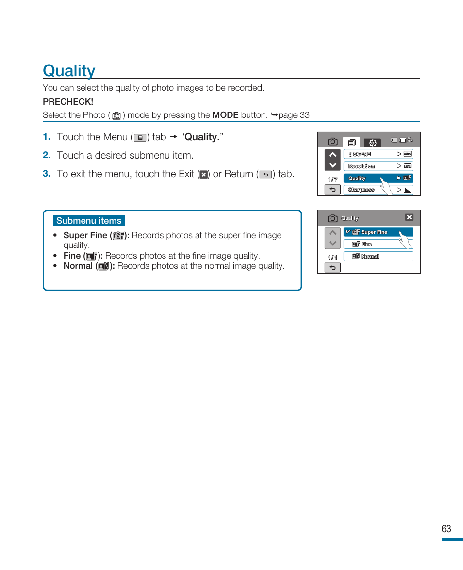 Quality, Touch the menu ( ) tab  “quality, Touch a desired submenu item | Samsung HMX-R10SP User Manual | Page 63 / 154