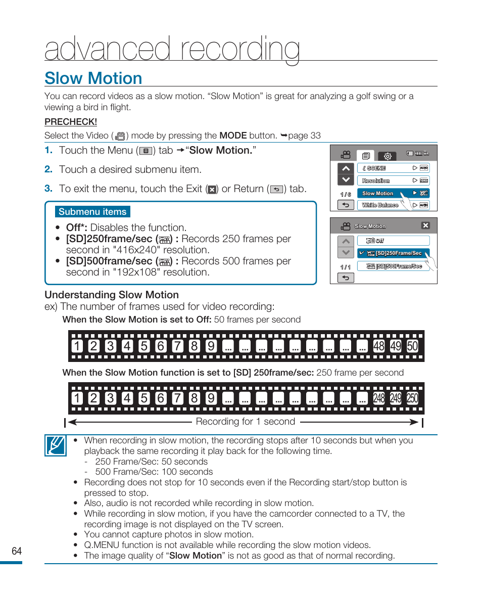 Slow motion, Advanced recording | Samsung HMX-R10SP User Manual | Page 64 / 154