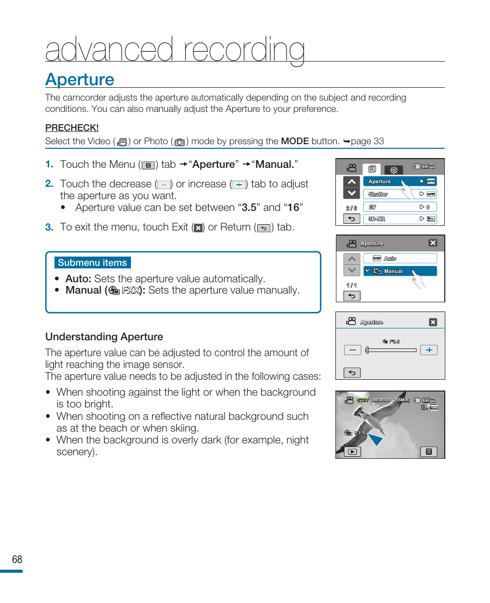 Aperture, Advanced recording | Samsung HMX-R10SP User Manual | Page 68 / 154