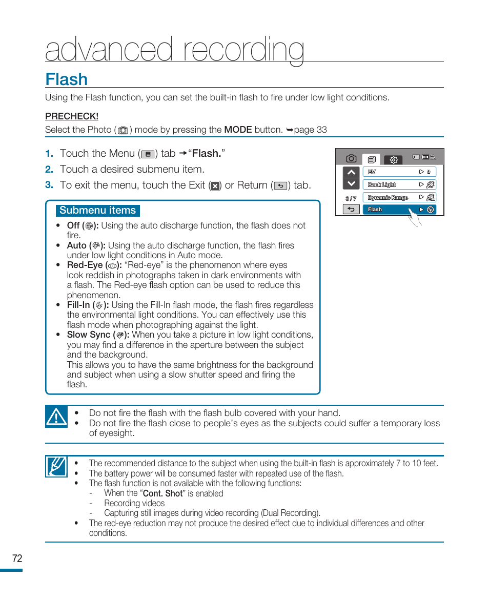 Flash, Advanced recording | Samsung HMX-R10SP User Manual | Page 72 / 154