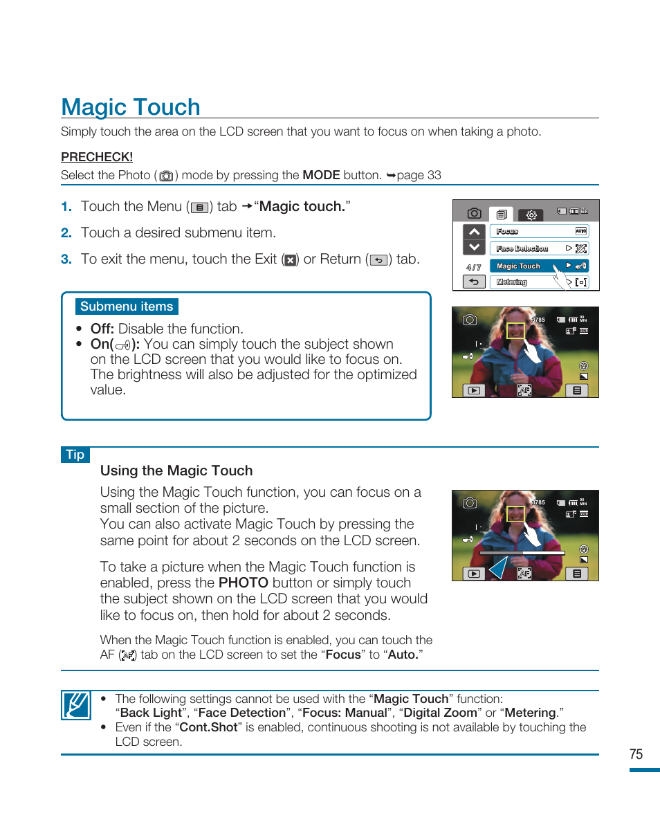 Magic touch, Touch the menu ( ) tab “magic touch, Touch a desired submenu item | Samsung HMX-R10SP User Manual | Page 75 / 154