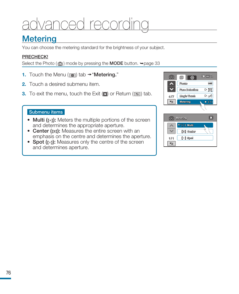 Metering, Advanced recording | Samsung HMX-R10SP User Manual | Page 76 / 154