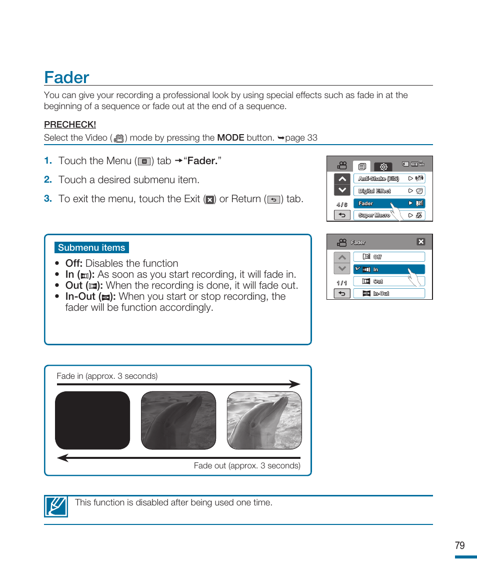 Fader, Touch the menu ( ) tab “fader, Touch a desired submenu item | Samsung HMX-R10SP User Manual | Page 79 / 154