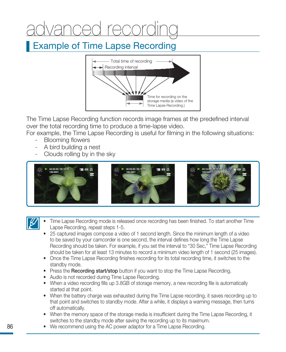 Advanced recording, Example of time lapse recording | Samsung HMX-R10SP User Manual | Page 86 / 154