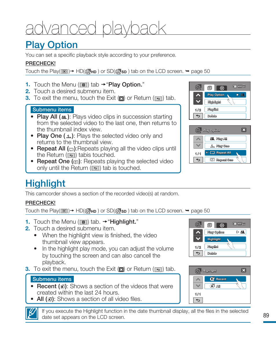 Advanced playback, Play option, Highlight | Samsung HMX-R10SP User Manual | Page 89 / 154