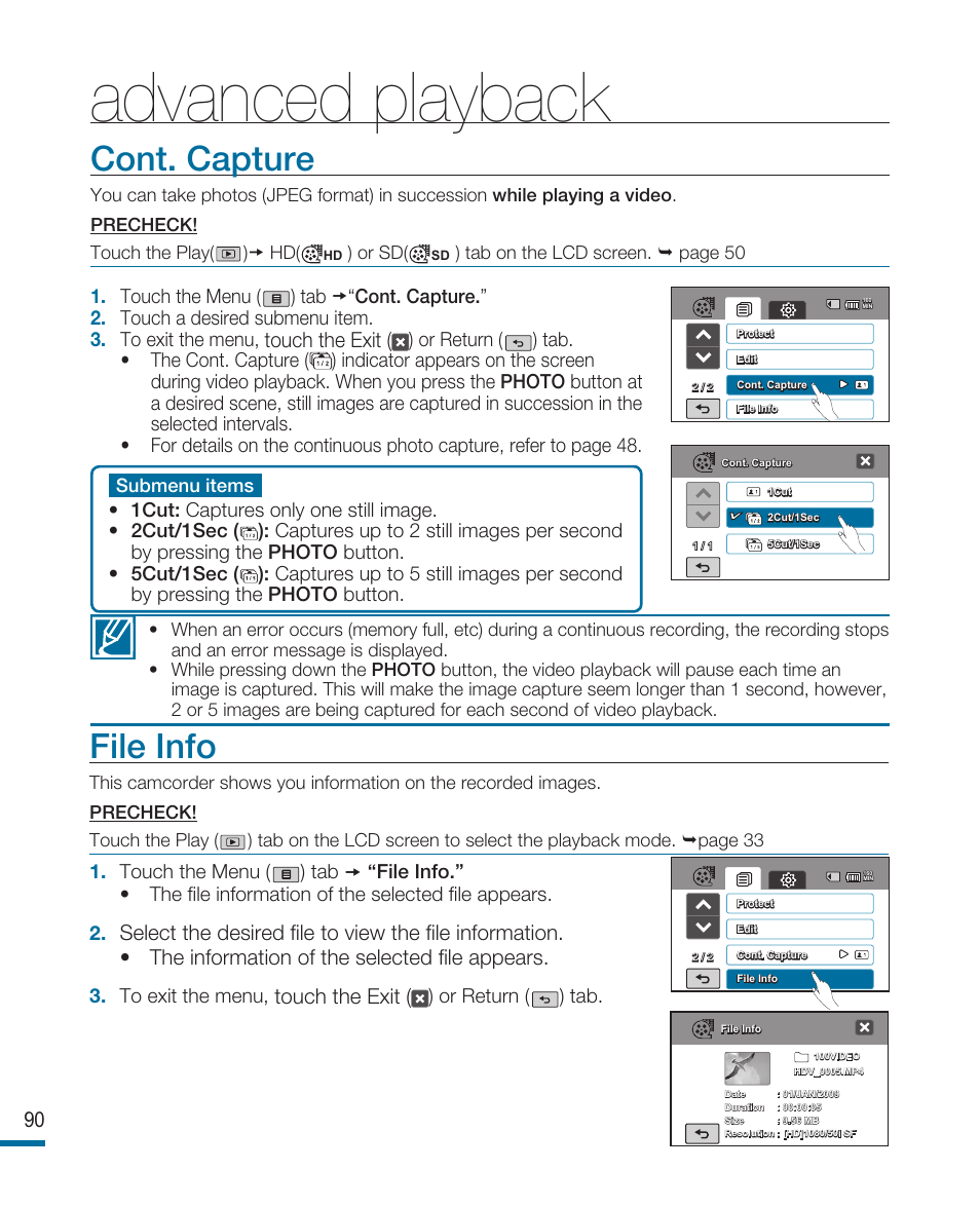 Cont. capture, File info, Advanced playback | Touch the exit | Samsung HMX-R10SP User Manual | Page 90 / 154