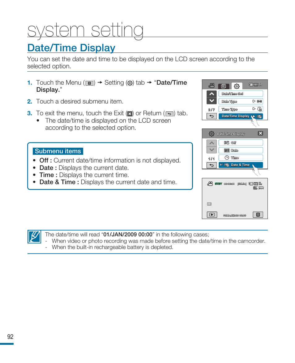 Date/time display, System setting, Touch a desired submenu item | Samsung HMX-R10SP User Manual | Page 92 / 154