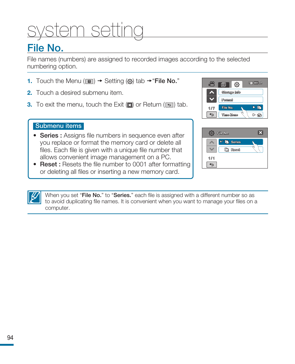 File no, System setting | Samsung HMX-R10SP User Manual | Page 94 / 154