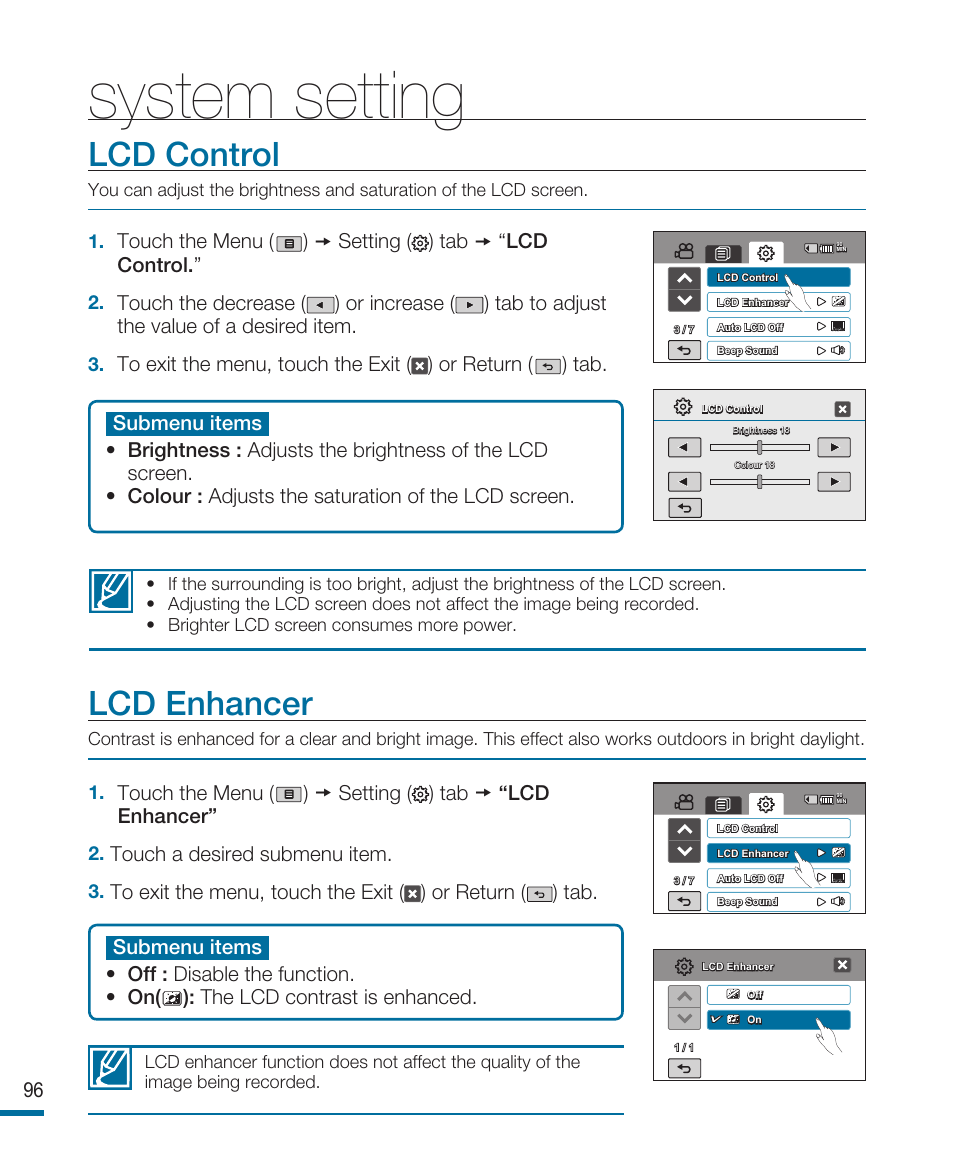 Lcd control, Lcd enhancer, System setting | Samsung HMX-R10SP User Manual | Page 96 / 154