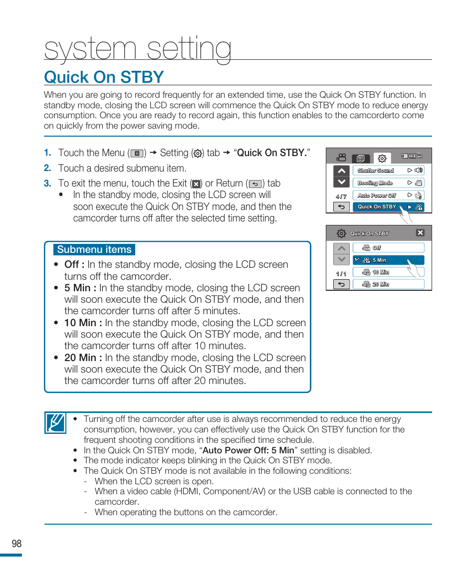 Quick on stby, System setting | Samsung HMX-R10SP User Manual | Page 98 / 154