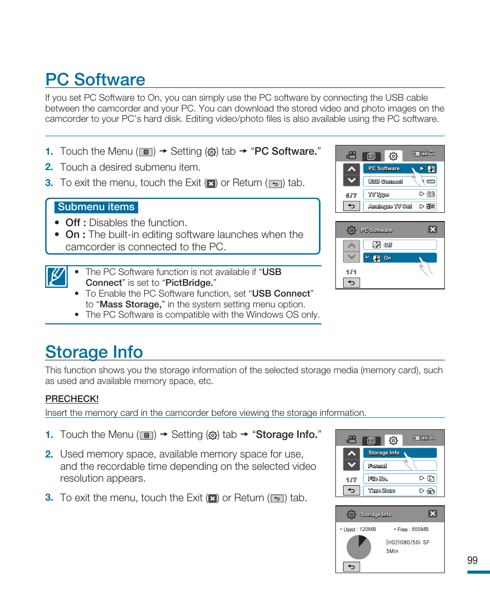 Pc software, Storage info, Touch a desired submenu item | Samsung HMX-R10SP User Manual | Page 99 / 154