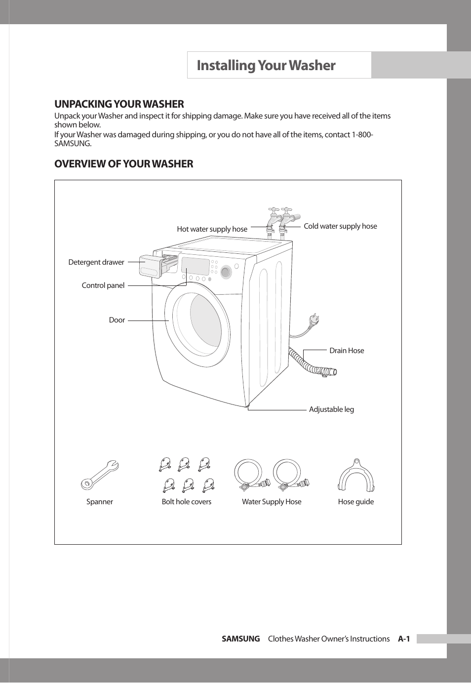 Installing your washer, Unpacking your washer, Overview of your washer | Samsung SilverCare WF306BAW User Manual | Page 5 / 32