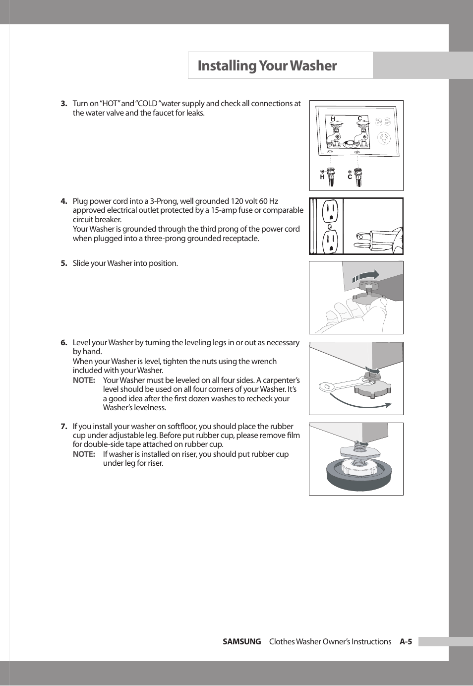 Installing your washer | Samsung SilverCare WF306BAW User Manual | Page 9 / 32