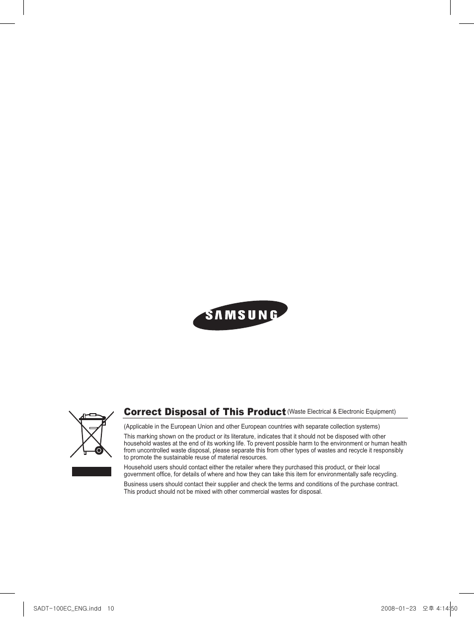 Correct disposal of this product | Samsung SADT-100EC User Manual | Page 11 / 11