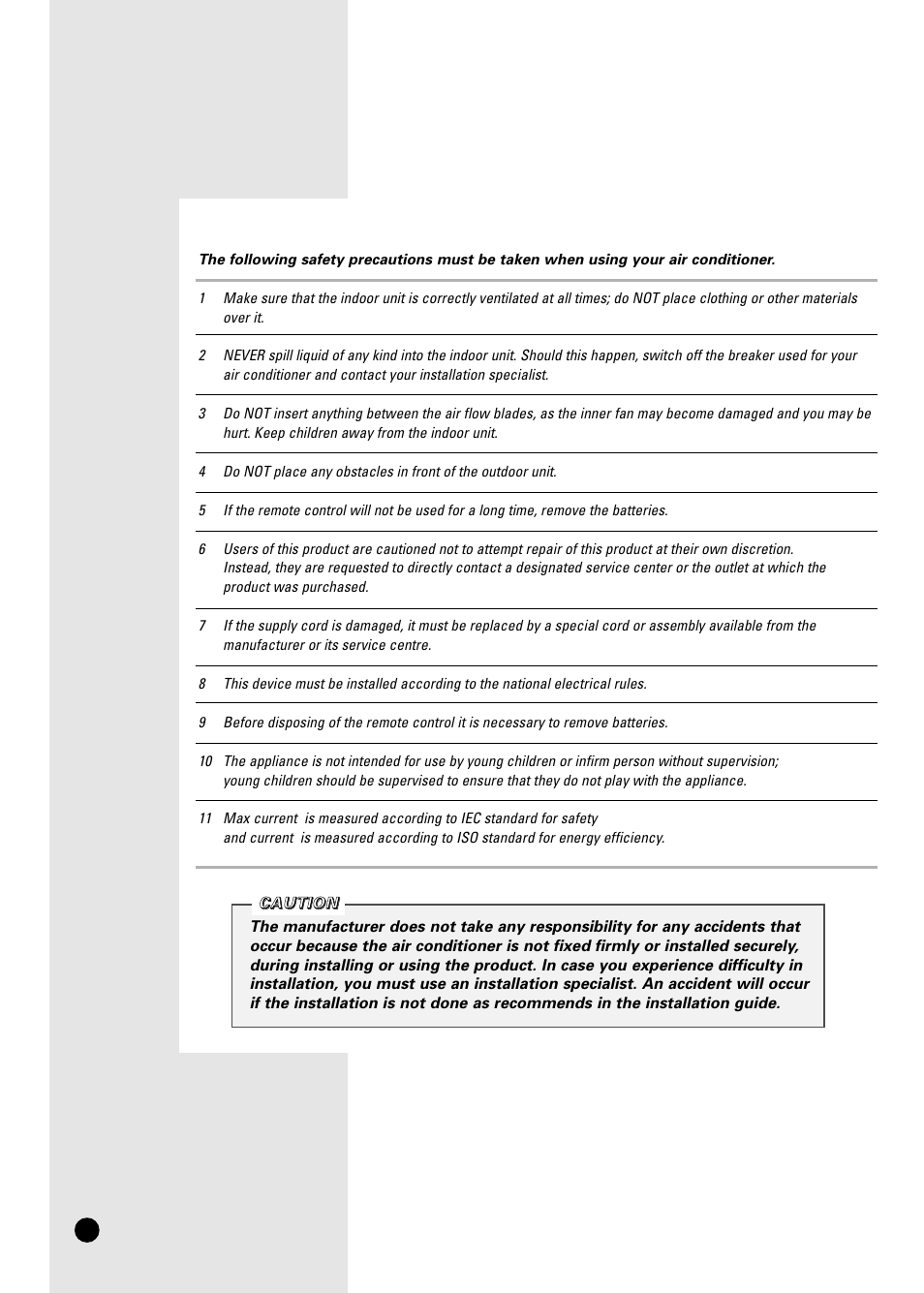 Safety precautions | Samsung AS12B1 User Manual | Page 2 / 24