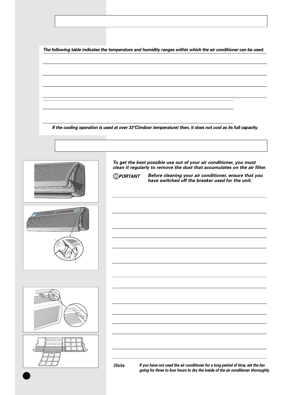 Temperature and humidity ranges, Cleaning your air conditioner | Samsung AS12B1 User Manual | Page 20 / 24