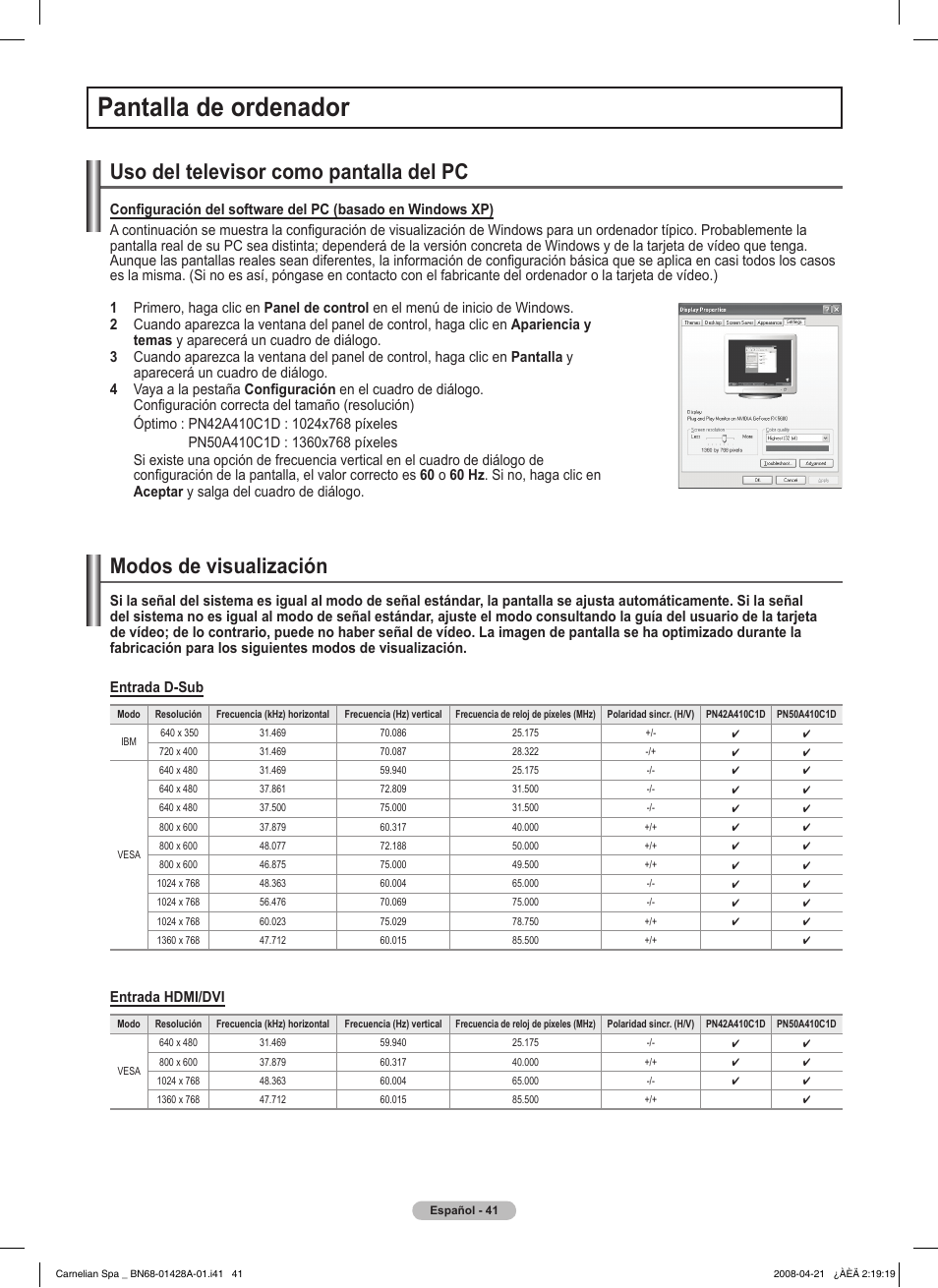 Pantalla de ordenador, Uso del televisor como pantalla del pc, Modos de visualización | Samsung 410 Series User Manual | Page 110 / 139