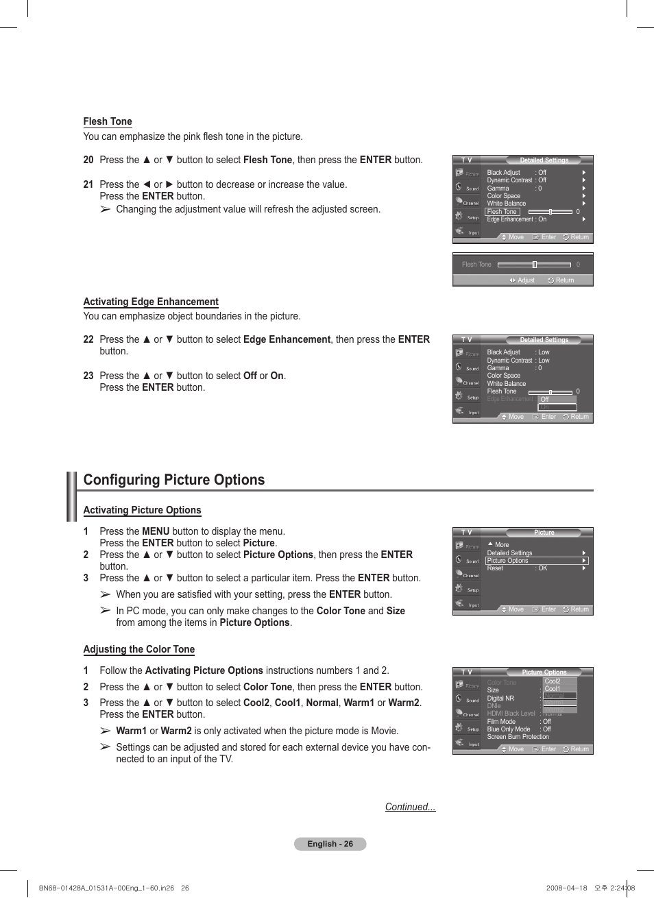 Configuring picture options | Samsung 410 Series User Manual | Page 26 / 139