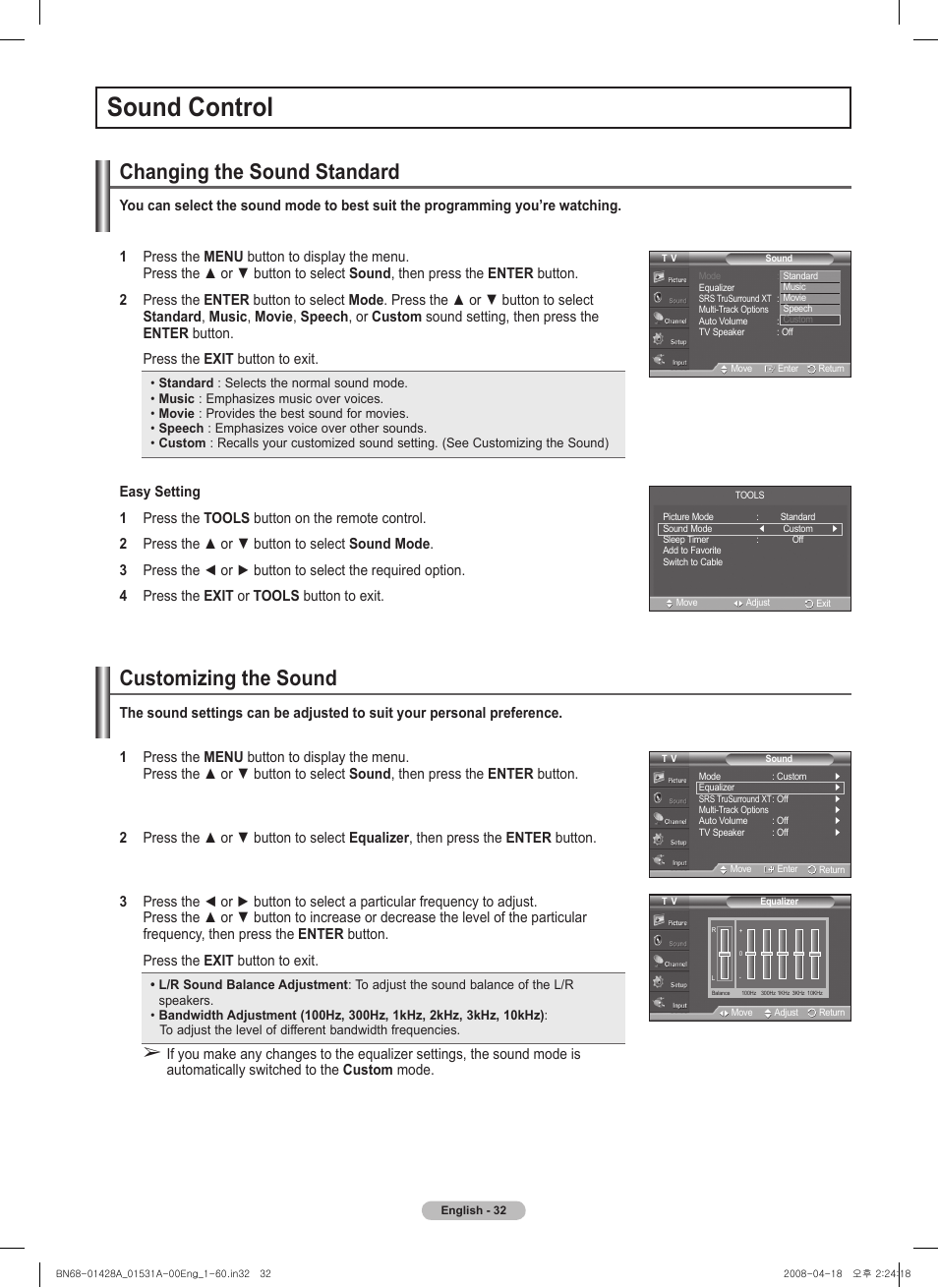 Sound control, Changing the sound standard, Customizing the sound | Samsung 410 Series User Manual | Page 32 / 139