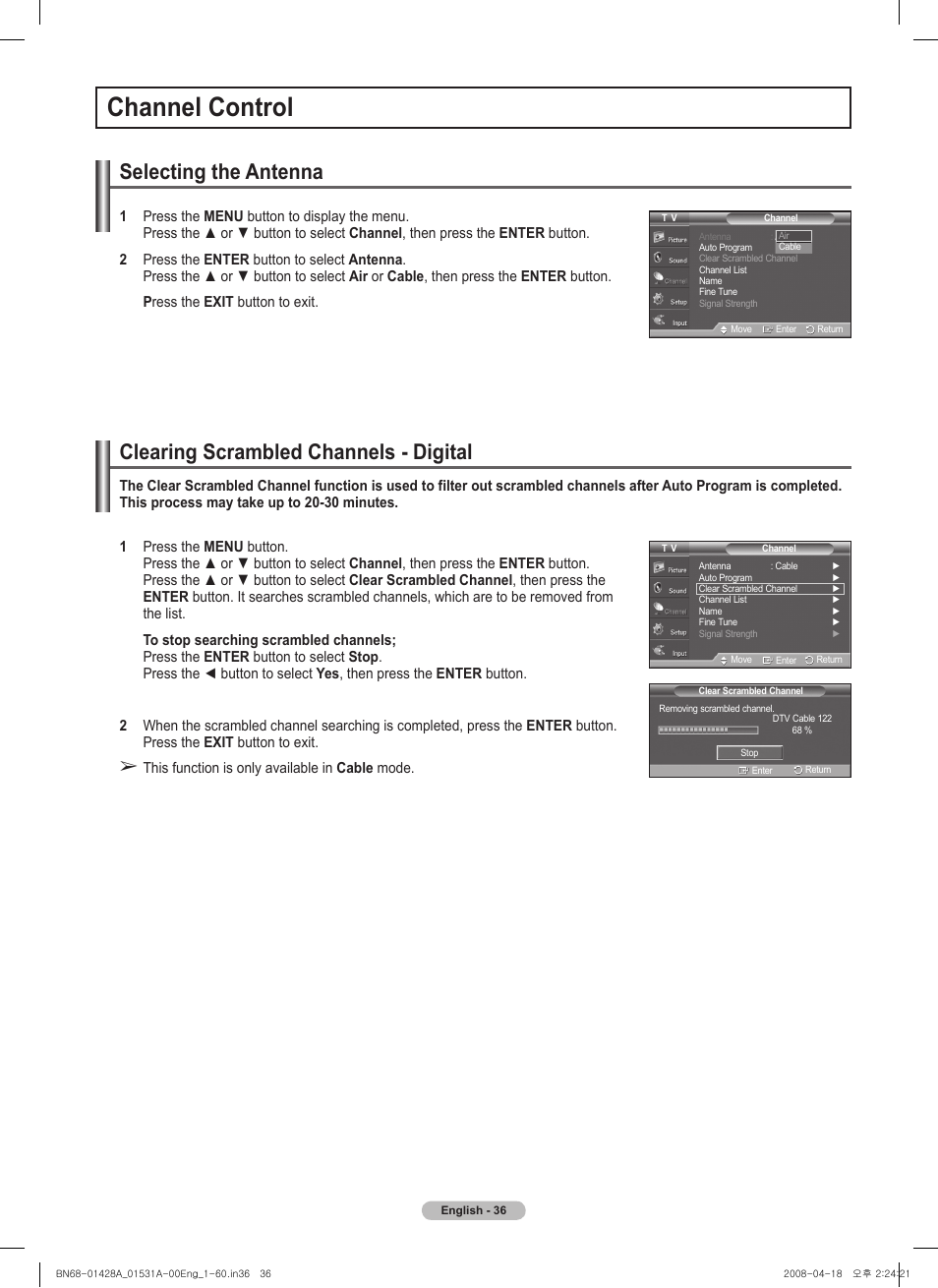 Channel control, Selecting the antenna, Clearing scrambled channels - digital | Samsung 410 Series User Manual | Page 36 / 139