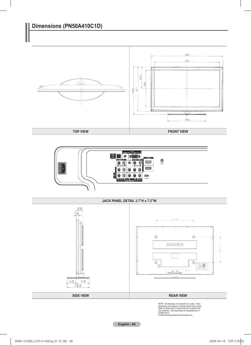 Dimensions (pn50a410c1d), This page is intentionally left blank | Samsung 410 Series User Manual | Page 68 / 139