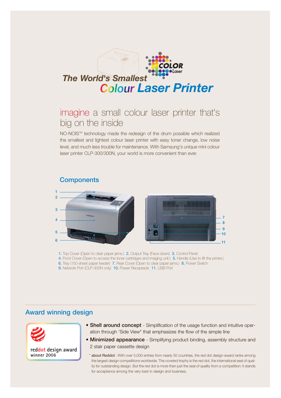 Laser printer, The world's smallest, Components award winning design | Samsung CLP-300 User Manual | Page 2 / 6