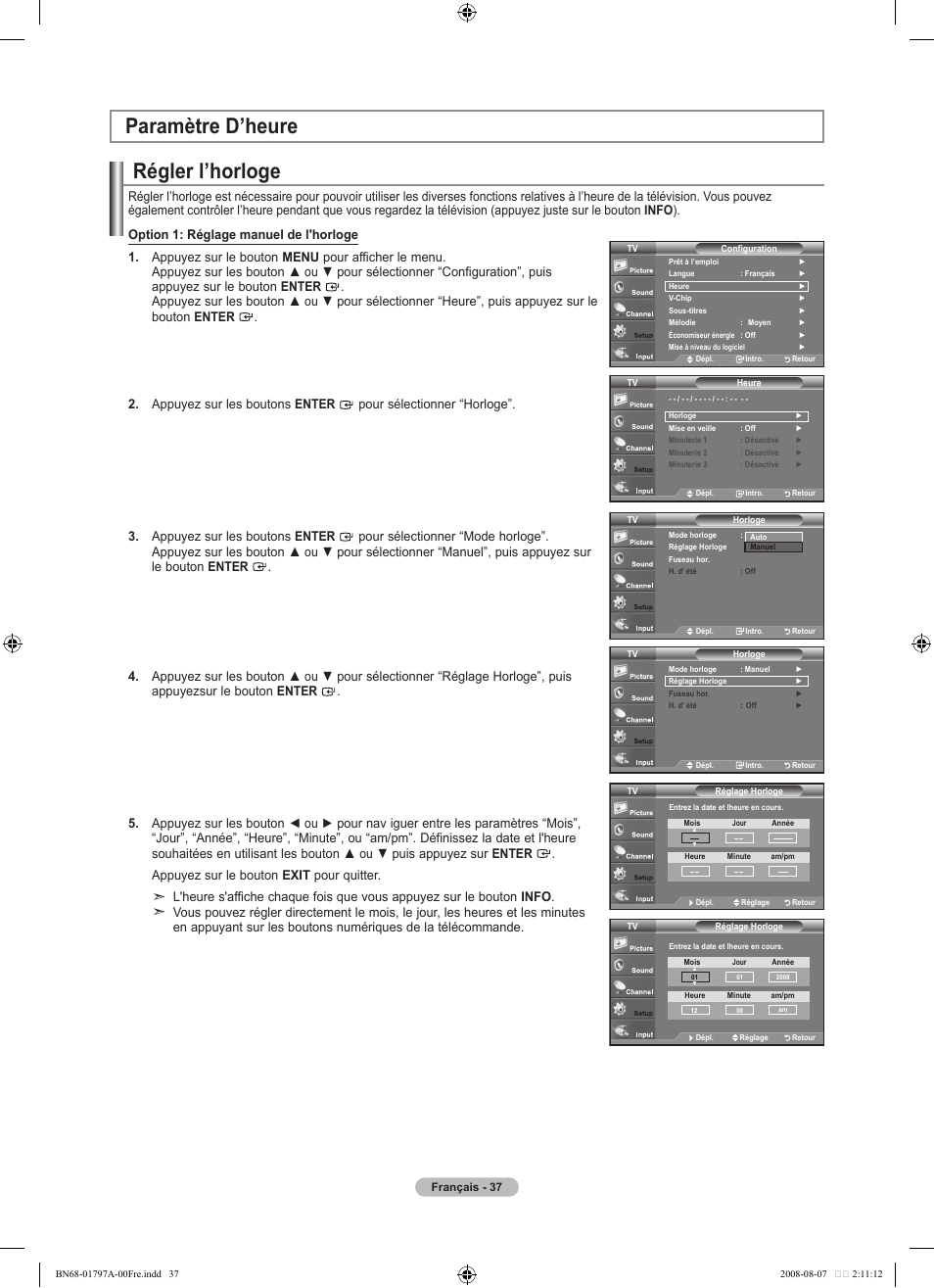 Régler l’horloge, Paramètre d’heure | Samsung BN68-01797A-00 User Manual | Page 101 / 187