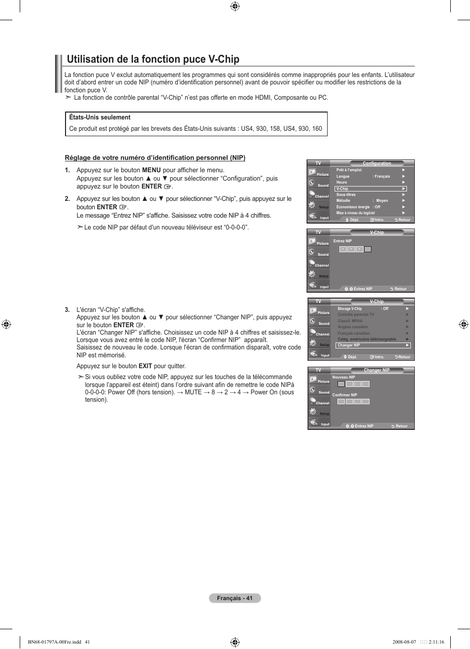 Utilisation de la fonction puce v-chip | Samsung BN68-01797A-00 User Manual | Page 105 / 187