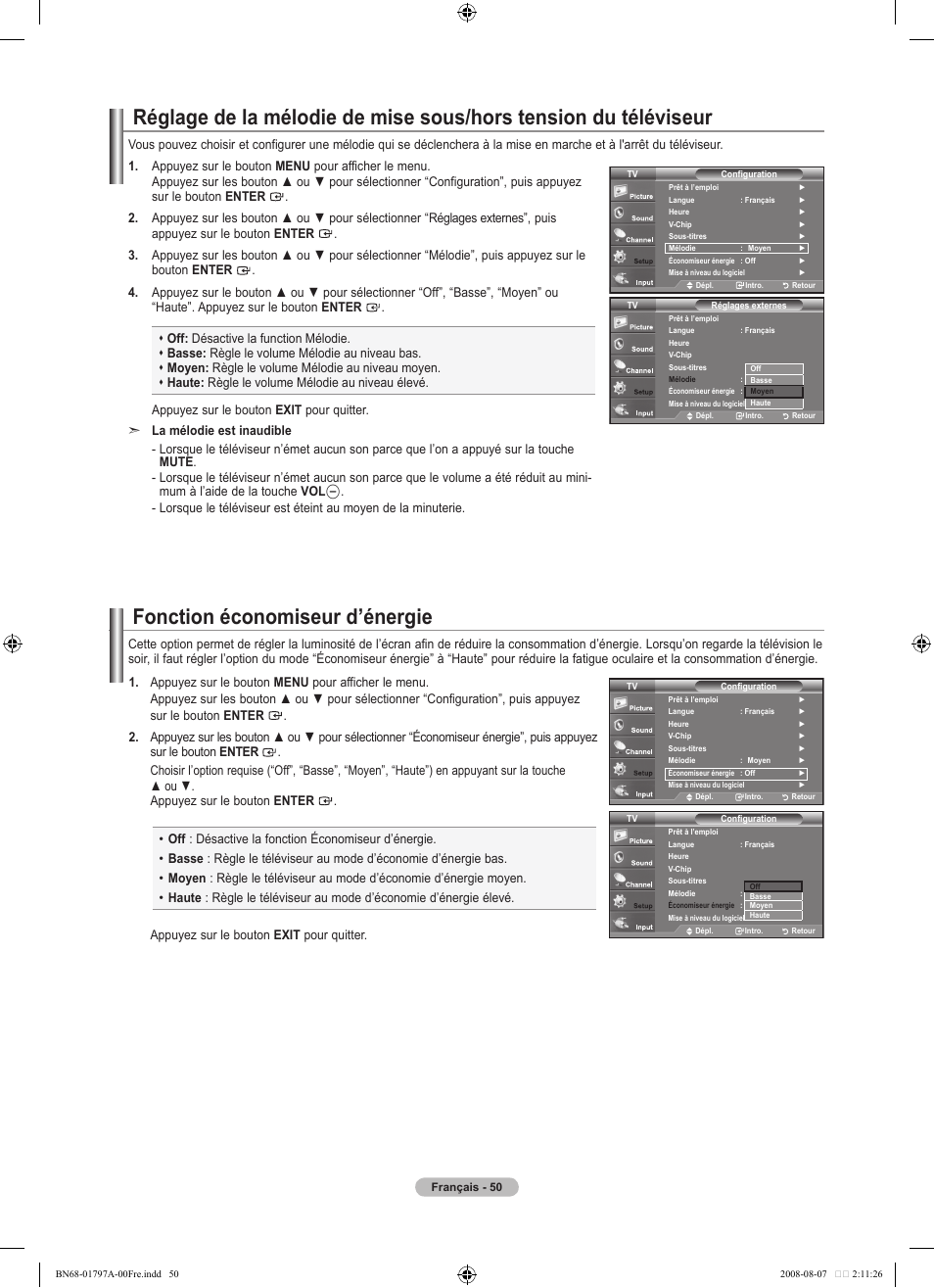 Fonction économiseur d’énergie | Samsung BN68-01797A-00 User Manual | Page 114 / 187