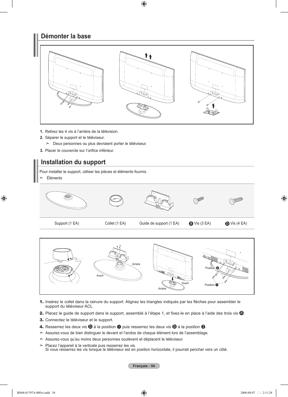 Installation du support démonter la base | Samsung BN68-01797A-00 User Manual | Page 118 / 187