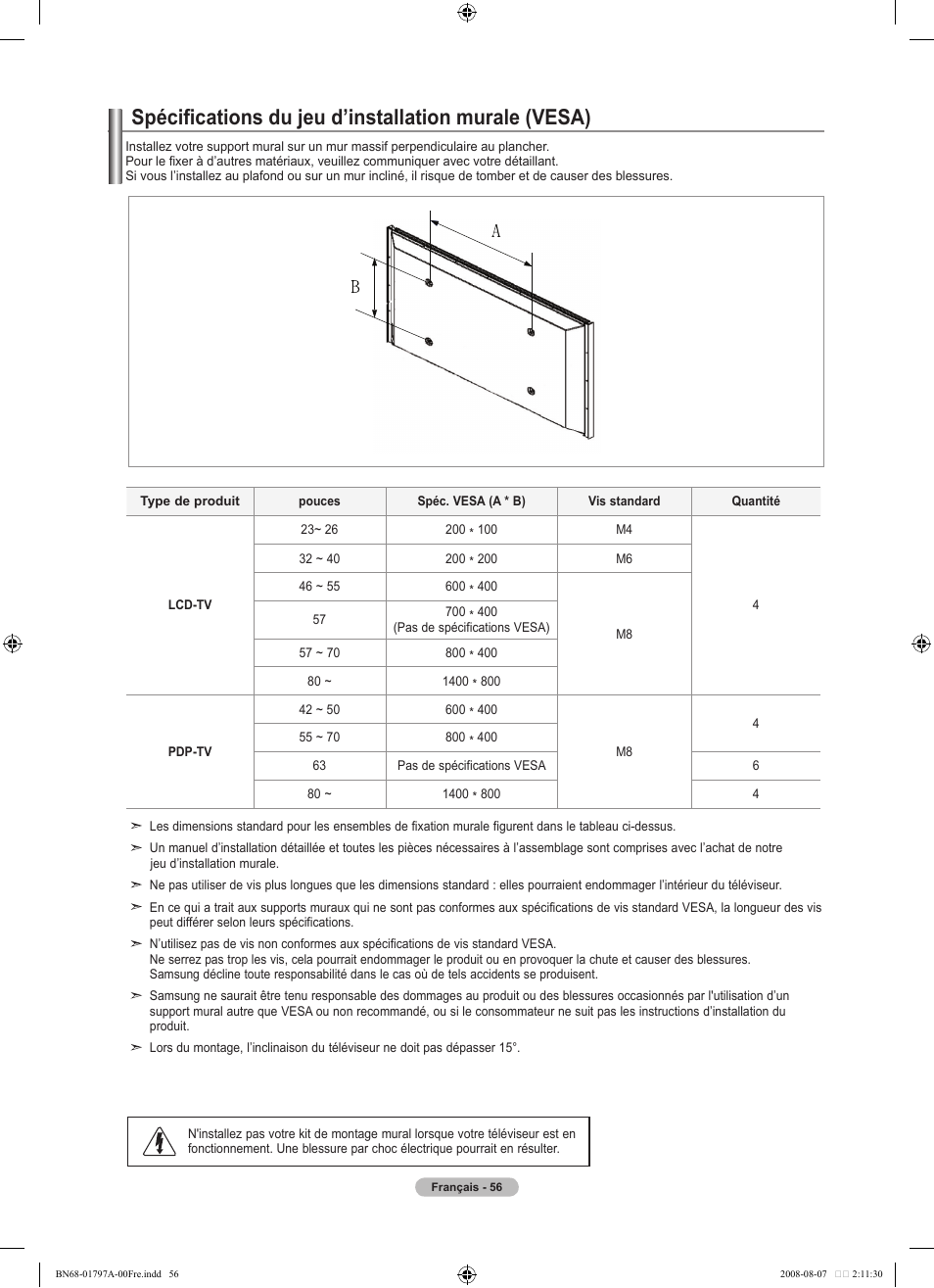 Spécifications du jeu d’installation murale (vesa) | Samsung BN68-01797A-00 User Manual | Page 120 / 187