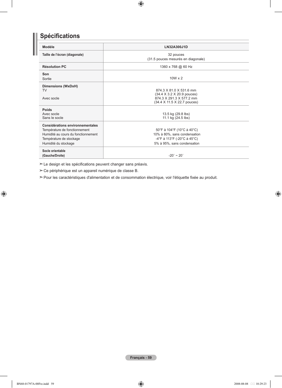 Spécifications | Samsung BN68-01797A-00 User Manual | Page 123 / 187
