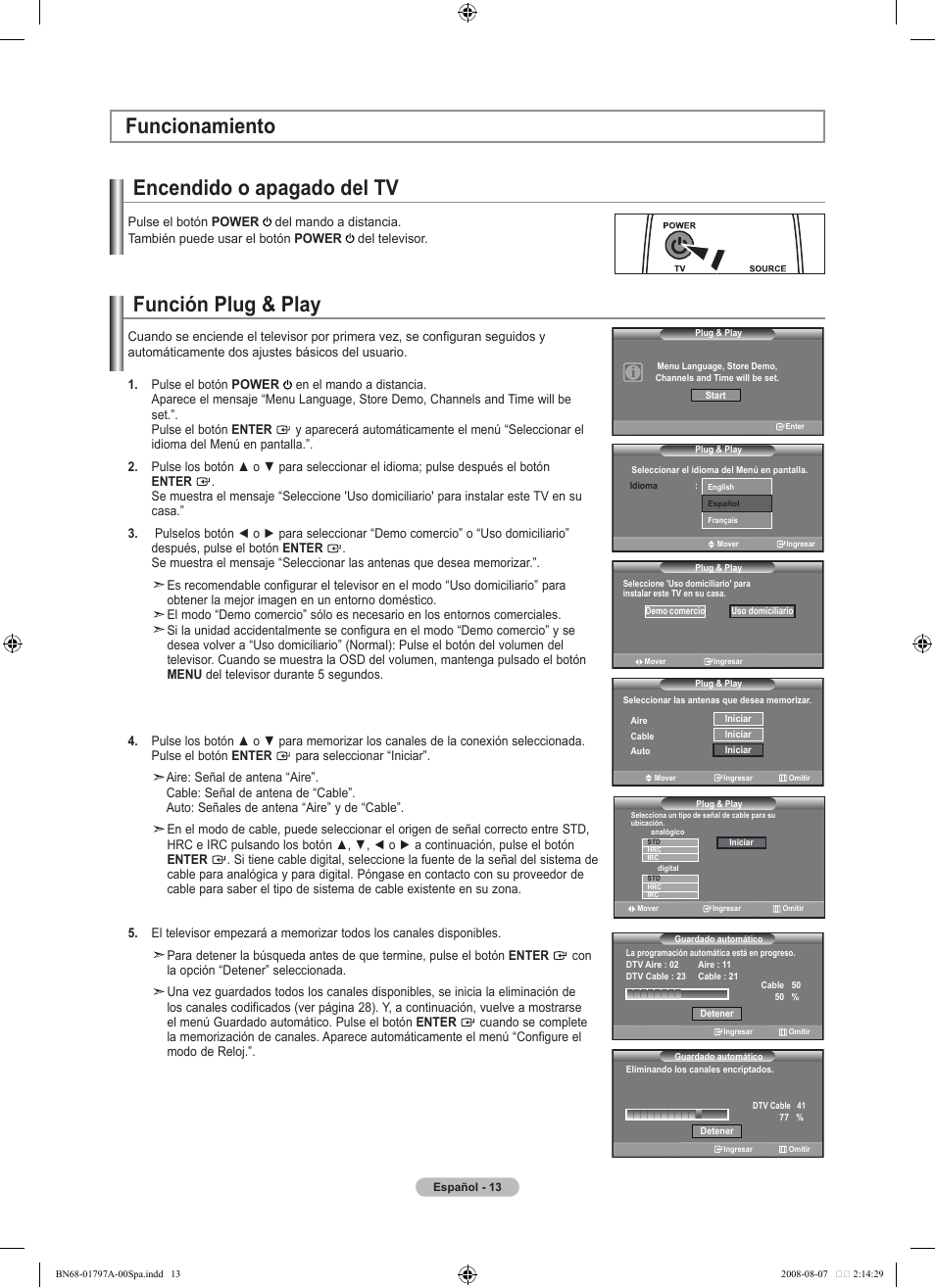 Función plug & play, Encendido o apagado del tv, Funcionamiento | Samsung BN68-01797A-00 User Manual | Page 139 / 187
