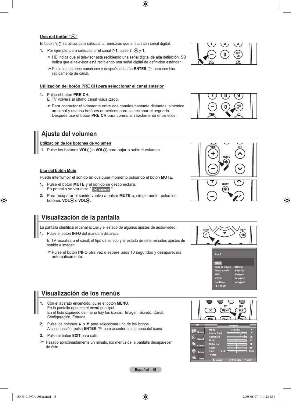 Ajuste del volumen, Visualización de la pantalla, Visualización de los menús | Samsung BN68-01797A-00 User Manual | Page 141 / 187