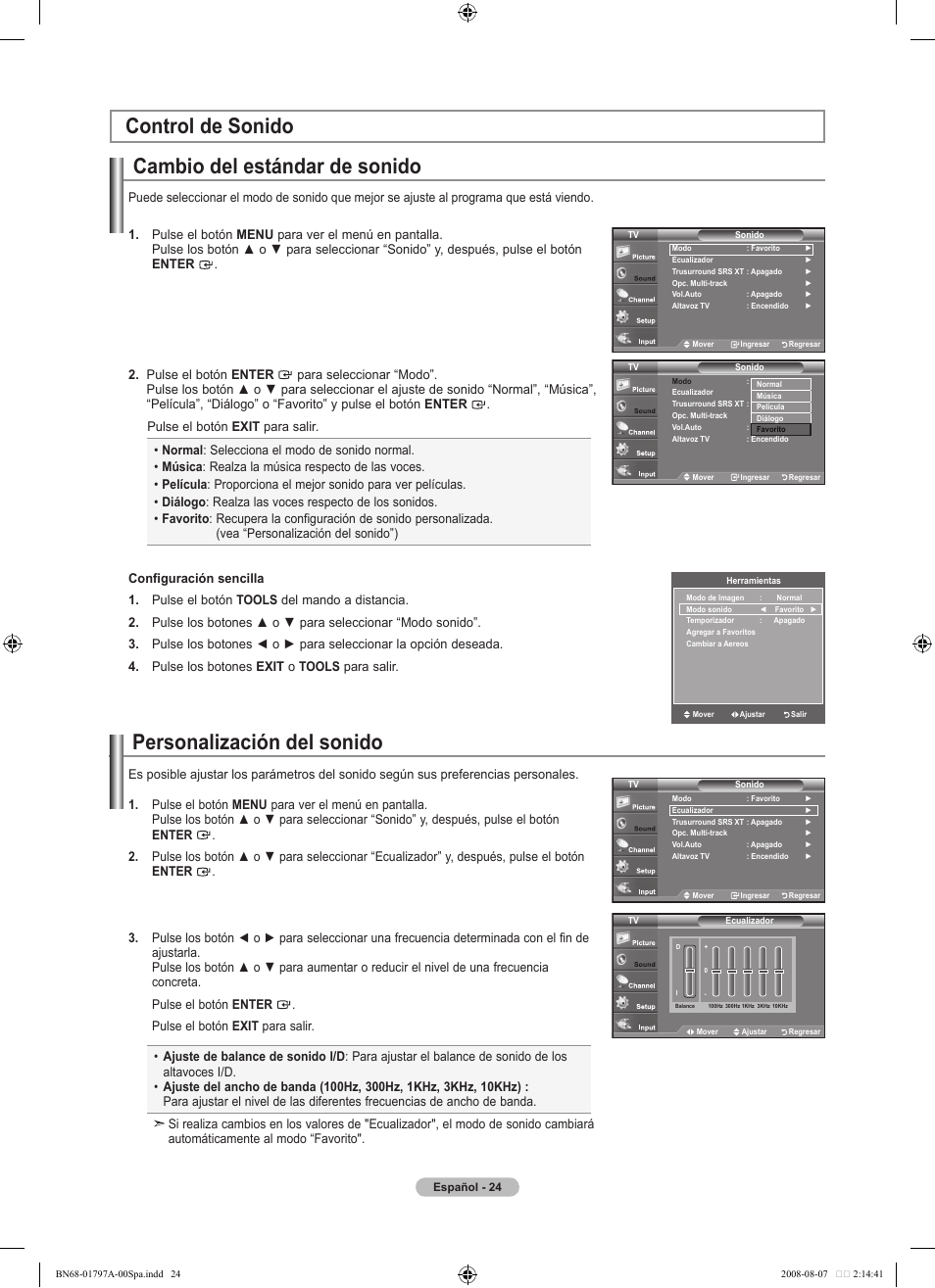 Personalización del sonido, Control de sonido cambio del estándar de sonido | Samsung BN68-01797A-00 User Manual | Page 150 / 187