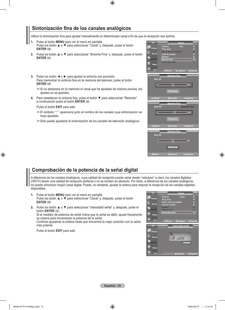 Sintonización fina de los canales analógicos, Comprobación de la potencia de la señal digital | Samsung BN68-01797A-00 User Manual | Page 159 / 187