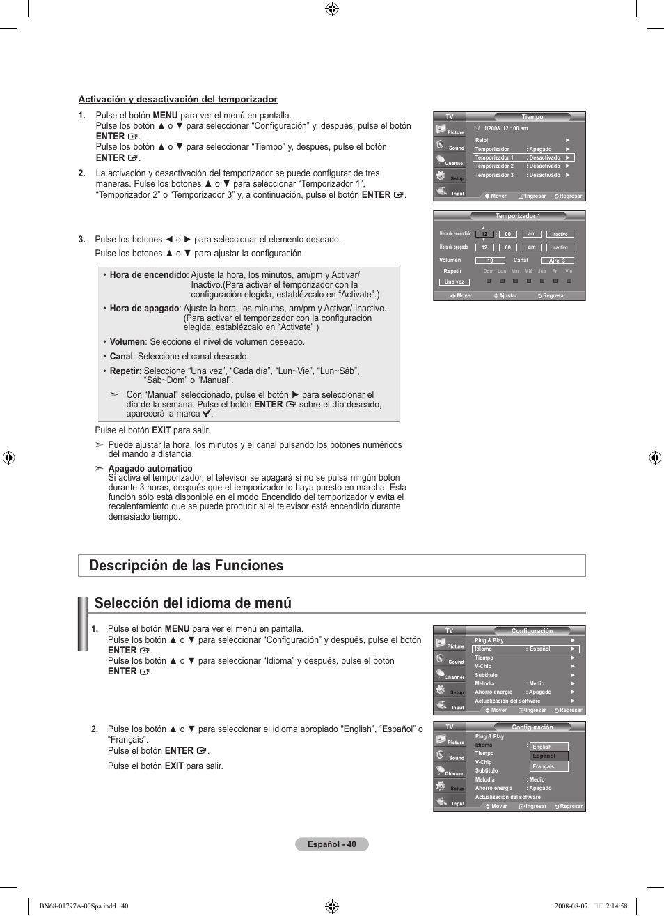 Selección del idioma de menú, Descripción de las funciones | Samsung BN68-01797A-00 User Manual | Page 166 / 187