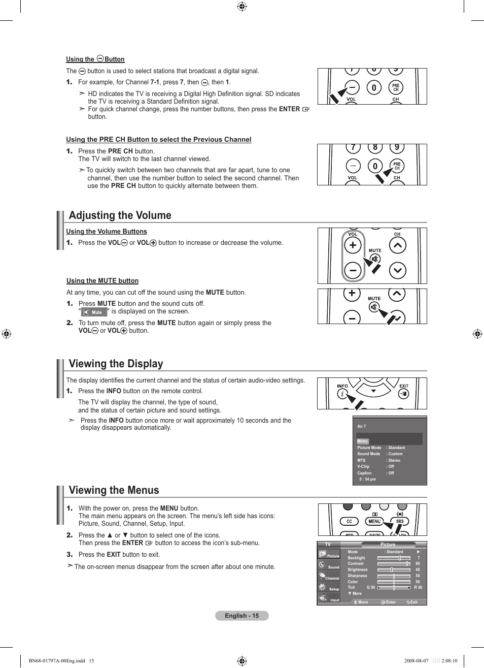 Adjusting the volume, Viewing the display, Viewing the menus | Samsung BN68-01797A-00 User Manual | Page 17 / 187