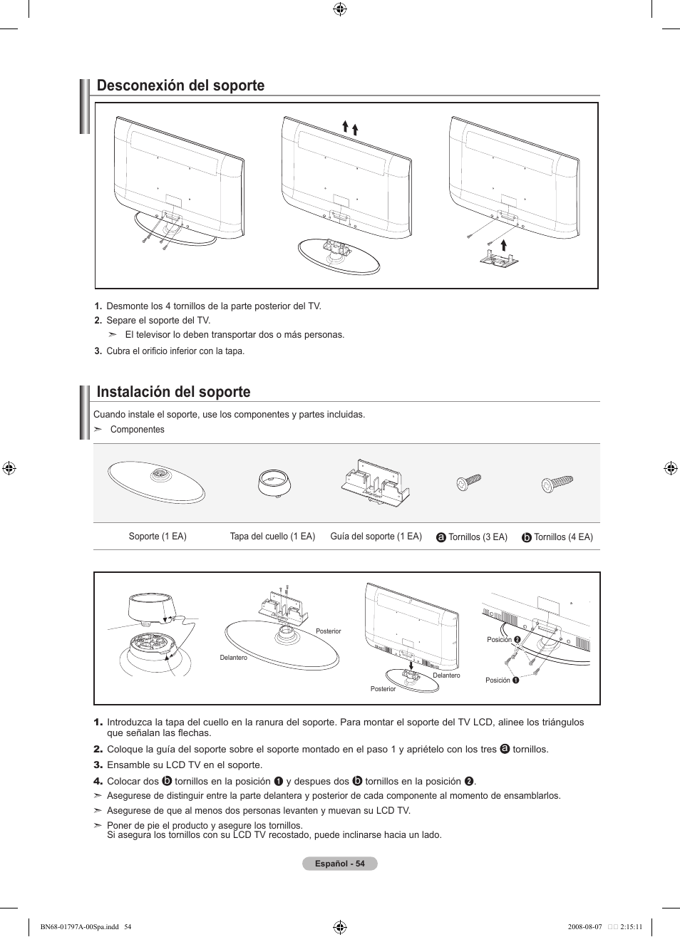 Instalación del soporte desconexión del soporte | Samsung BN68-01797A-00 User Manual | Page 180 / 187