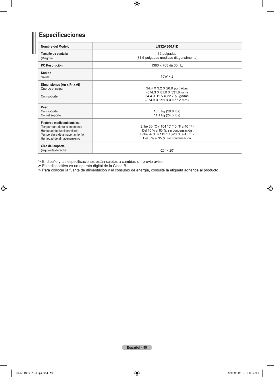 Especificaciones | Samsung BN68-01797A-00 User Manual | Page 185 / 187