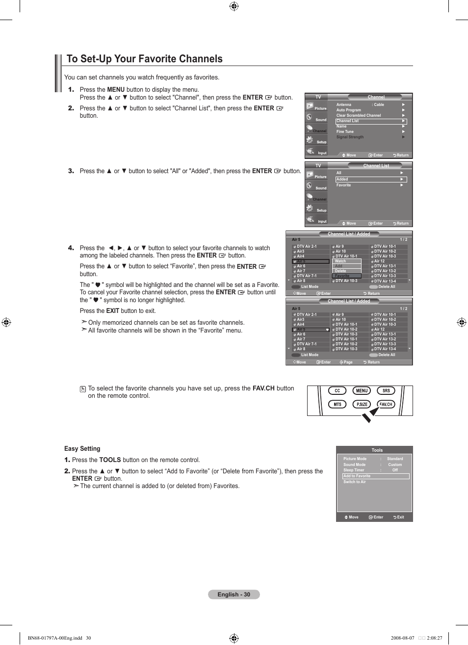 To set-up your favorite channels | Samsung BN68-01797A-00 User Manual | Page 32 / 187