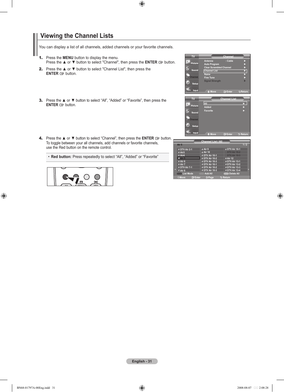 Viewing the channel lists | Samsung BN68-01797A-00 User Manual | Page 33 / 187