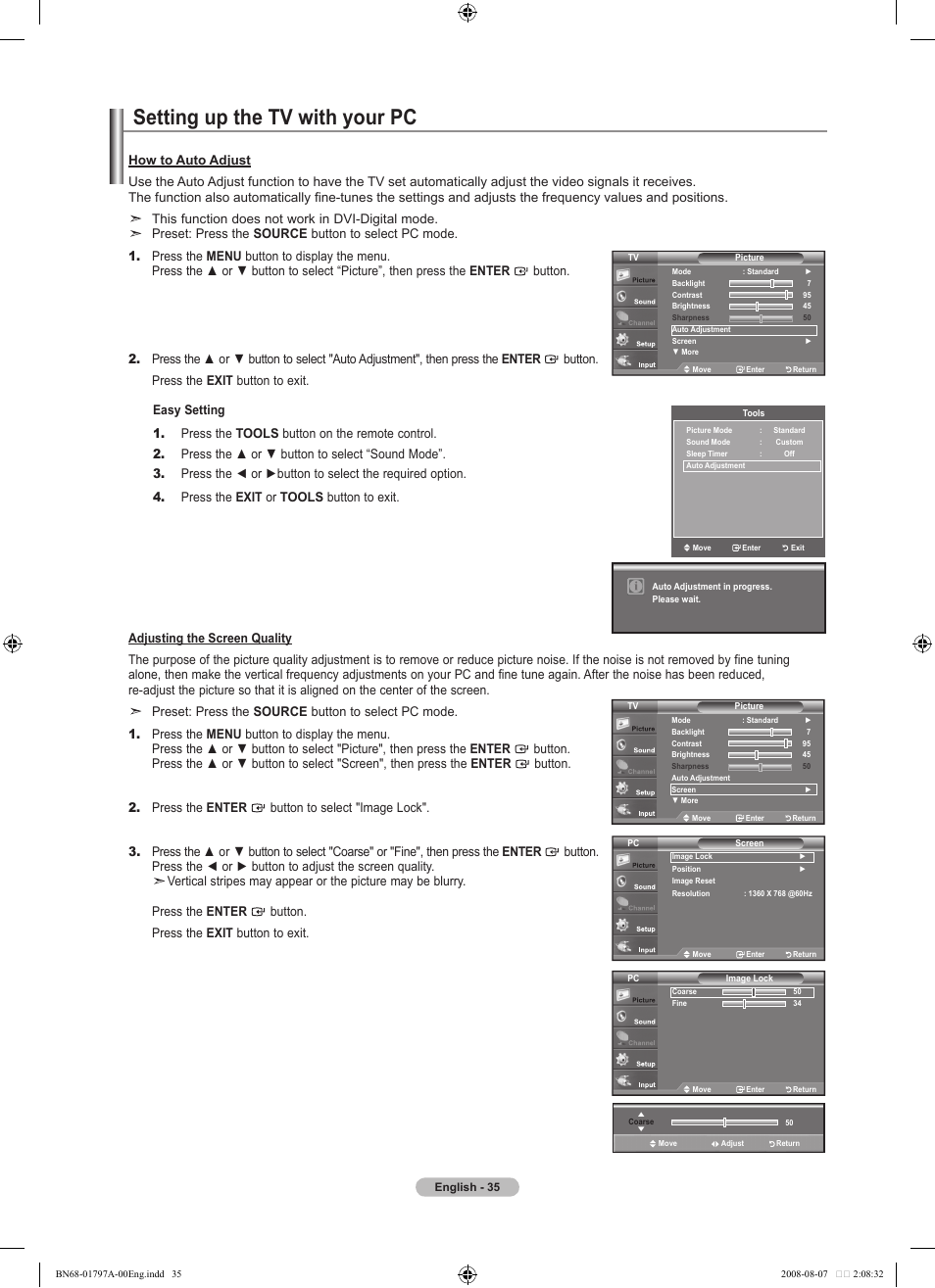 Setting up the tv with your pc, This function does not work in dvi-digital mode | Samsung BN68-01797A-00 User Manual | Page 37 / 187