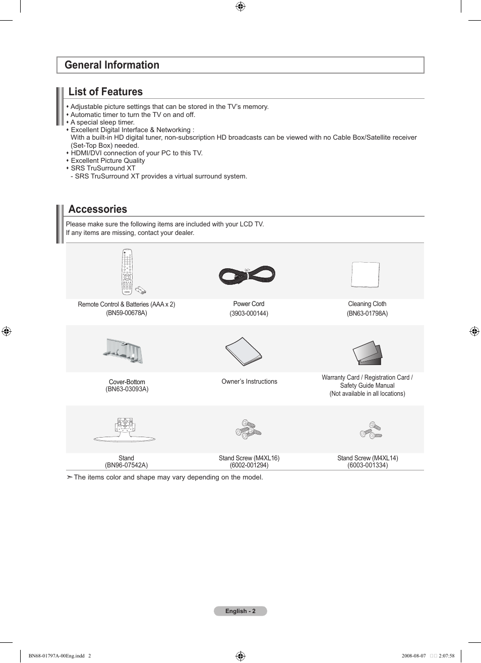 General information, List of features, Accessories | General information list of features | Samsung BN68-01797A-00 User Manual | Page 4 / 187