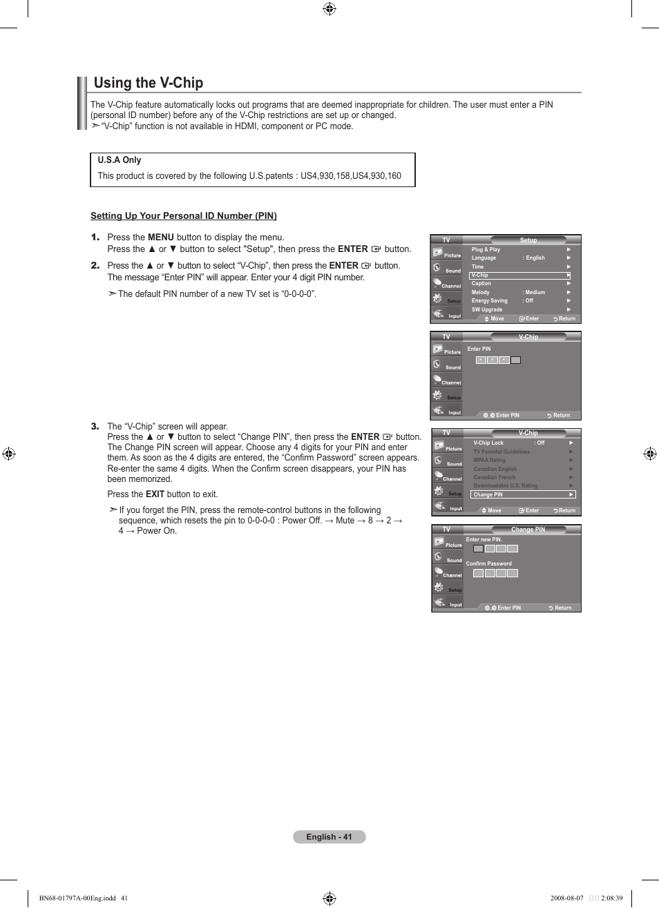 Using the v-chip | Samsung BN68-01797A-00 User Manual | Page 43 / 187